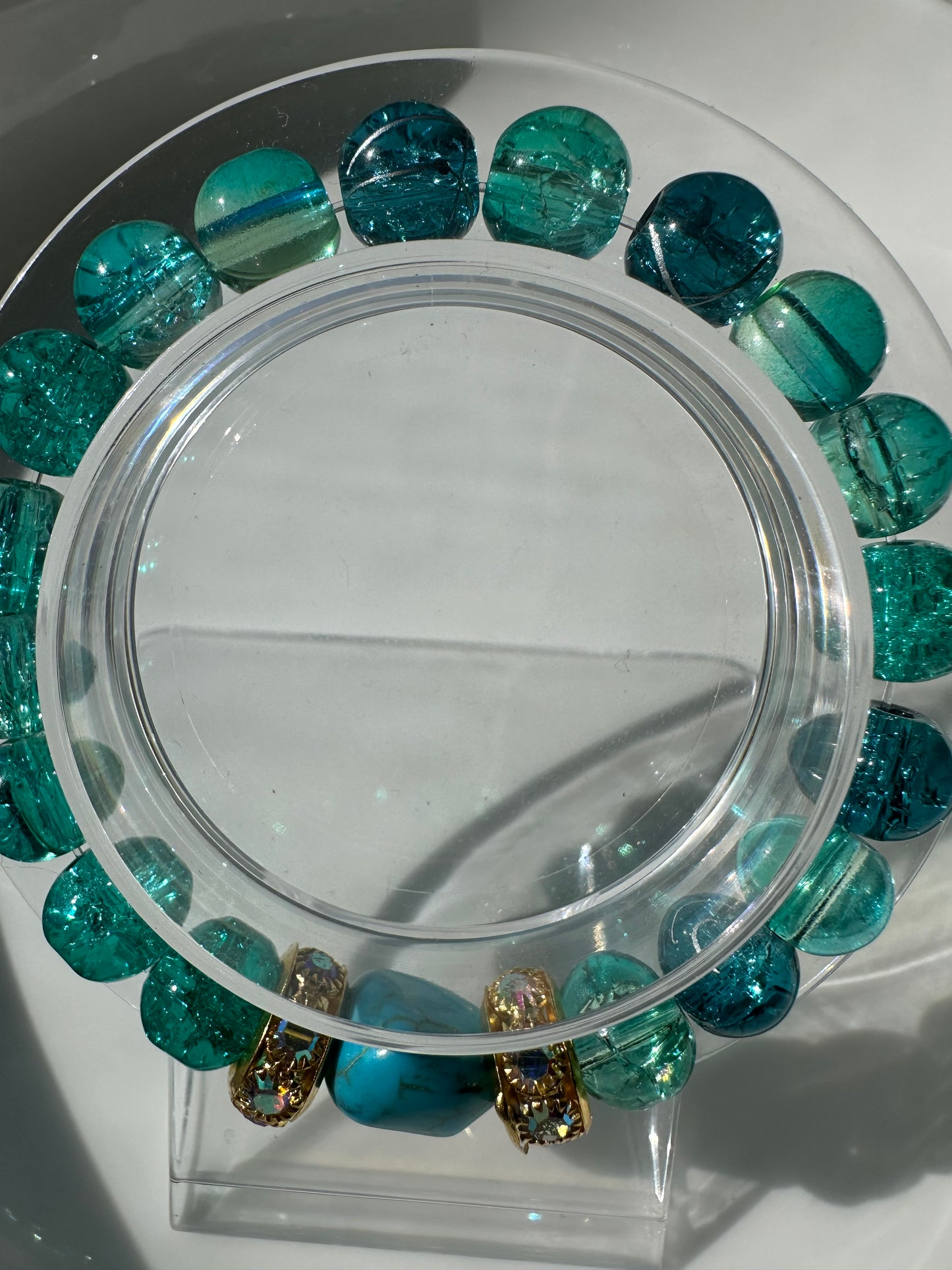 Blue Glass Beads With Turquoise Stone.